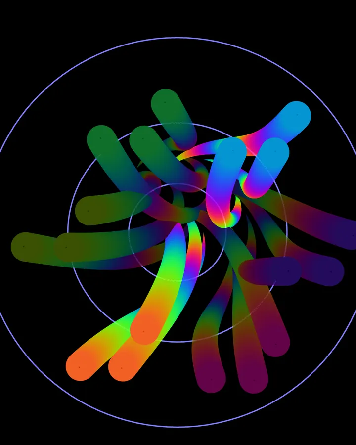A radial cluster of rounded iridescent tentacles spreading from the centre over faint concentric circles, on black.