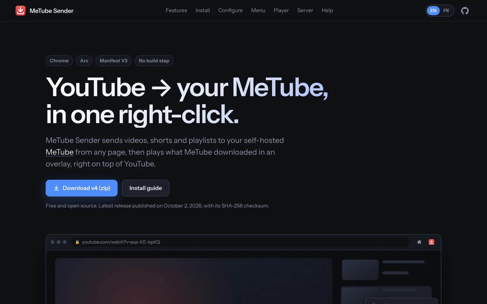 The MeTube Sender page in the dark theme: 'YouTube → your MeTube, in one right-click.' above a download button and a browser mock-up.