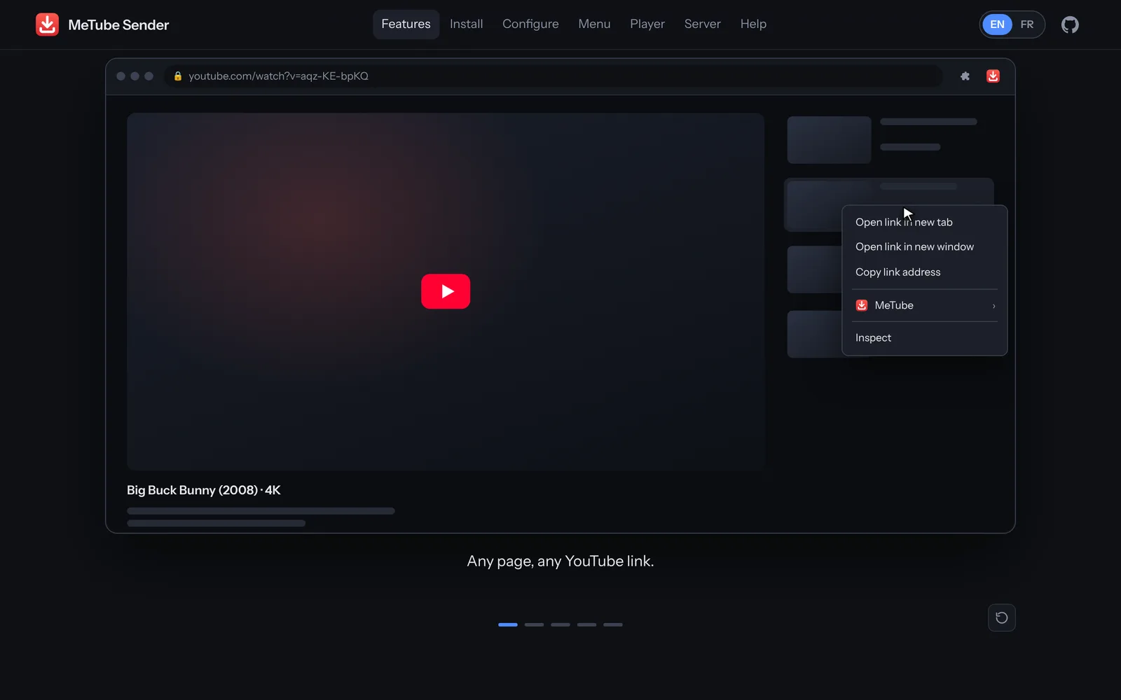 A browser mock-up of a YouTube page, its right-click menu open on a sidebar link, with its MeTube entry.