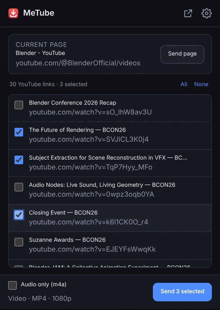 The extension's popup on a YouTube channel page: thirty links found, three ticked, and a Send 3 selected button.