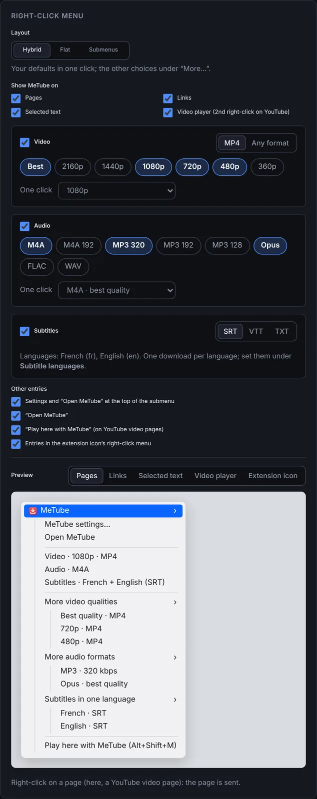 The right-click menu settings: layout, video, audio and subtitle blocks, and a live preview of the resulting menu.
