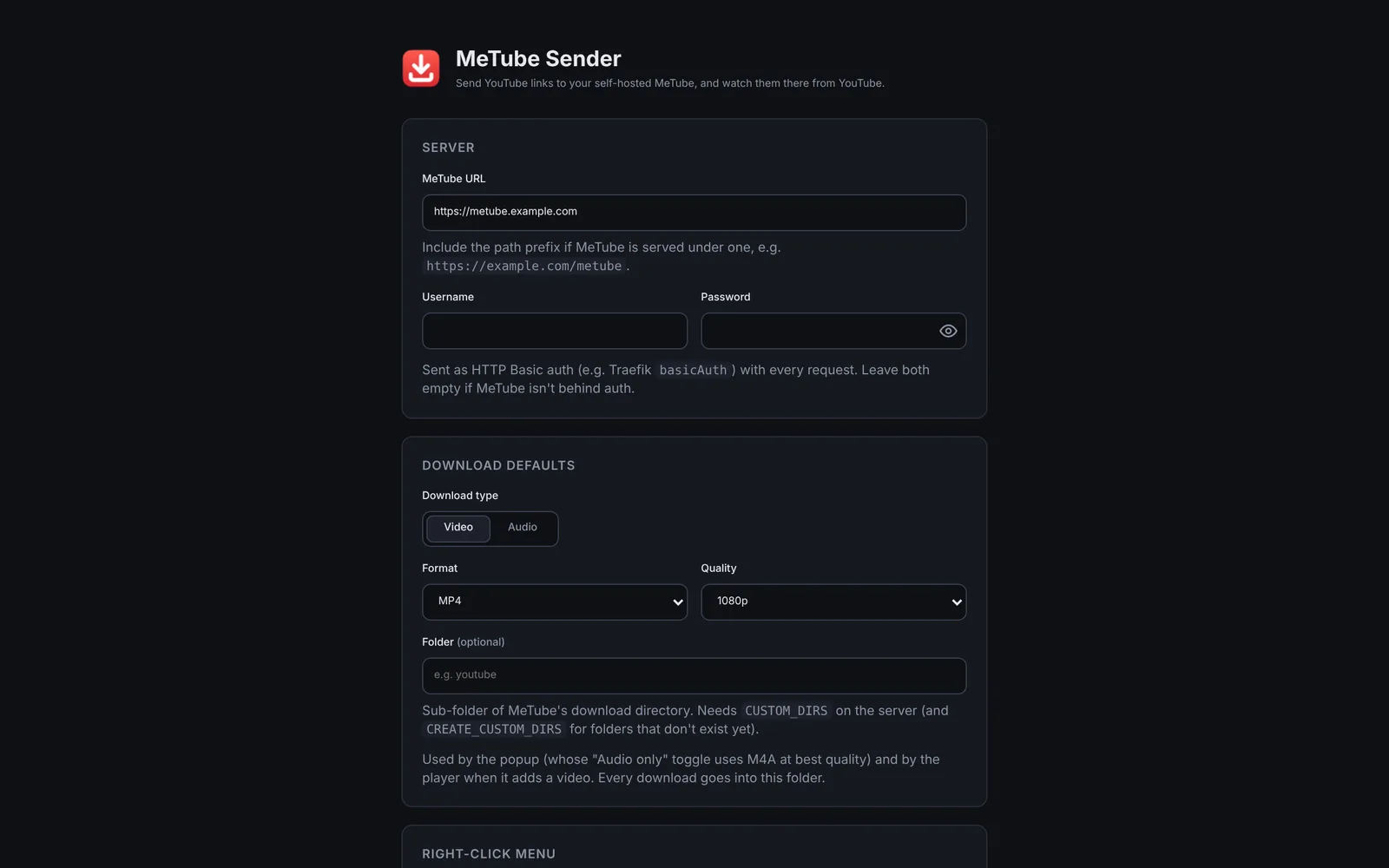 The settings page: MeTube URL, basic auth credentials and the default format and quality.