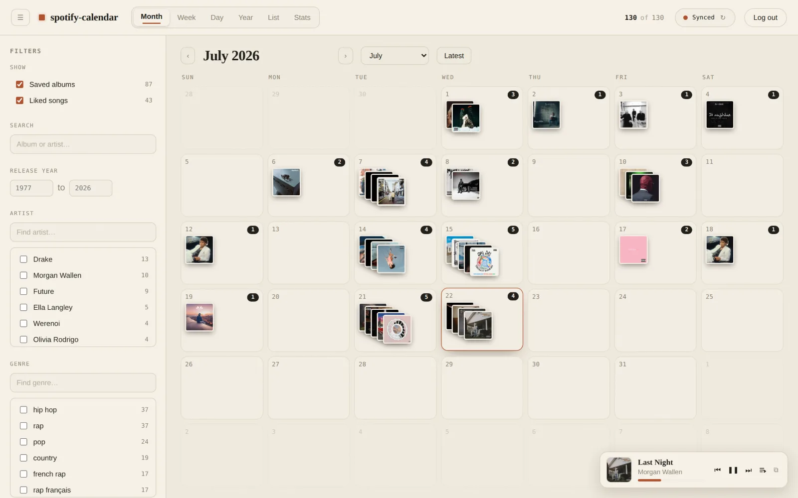 The project's showcase page, headline 'Your Spotify library, laid out on a calendar' above a framed month view full of album covers.