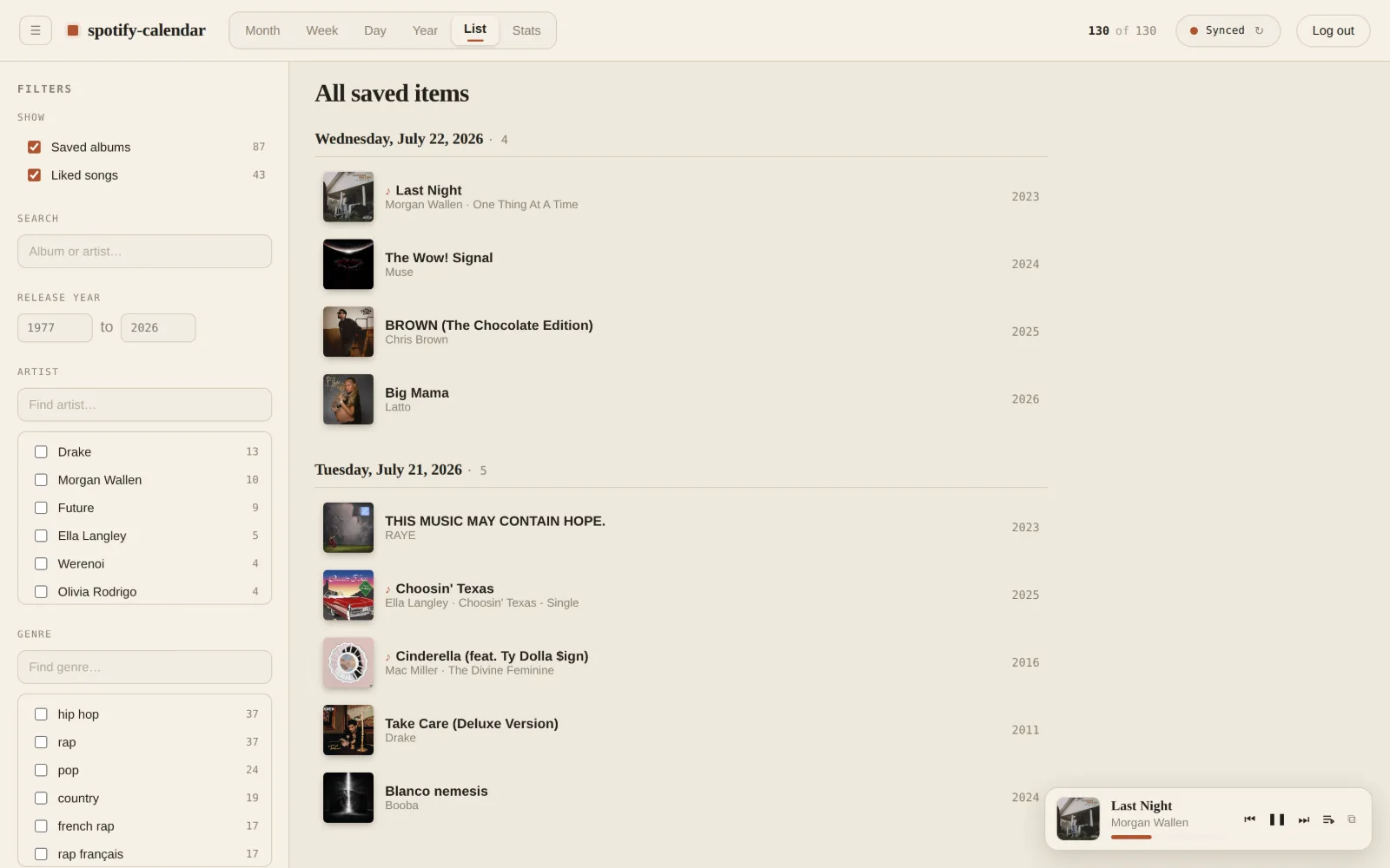 spotify calendar list view