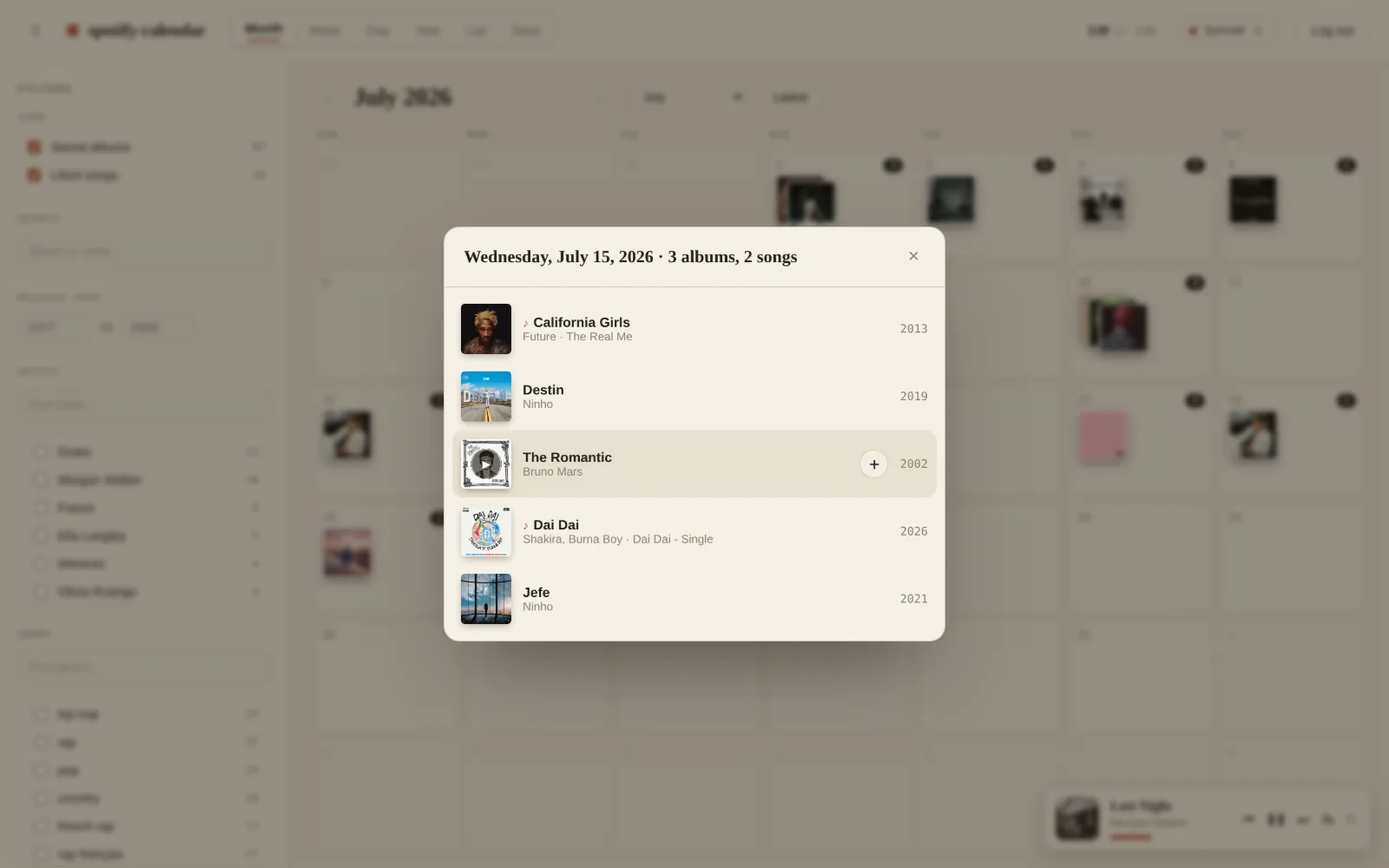 spotify calendar day modal