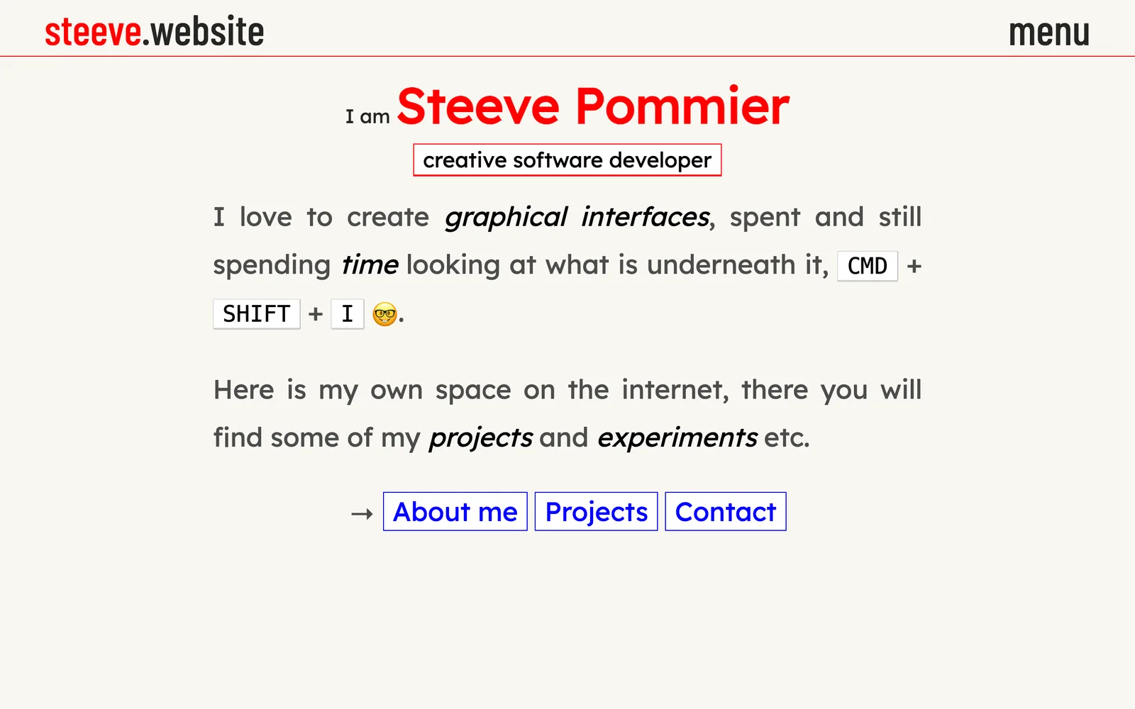 The old site's home page on cream paper, the name in red with boxed links to About, Projects and Contact.