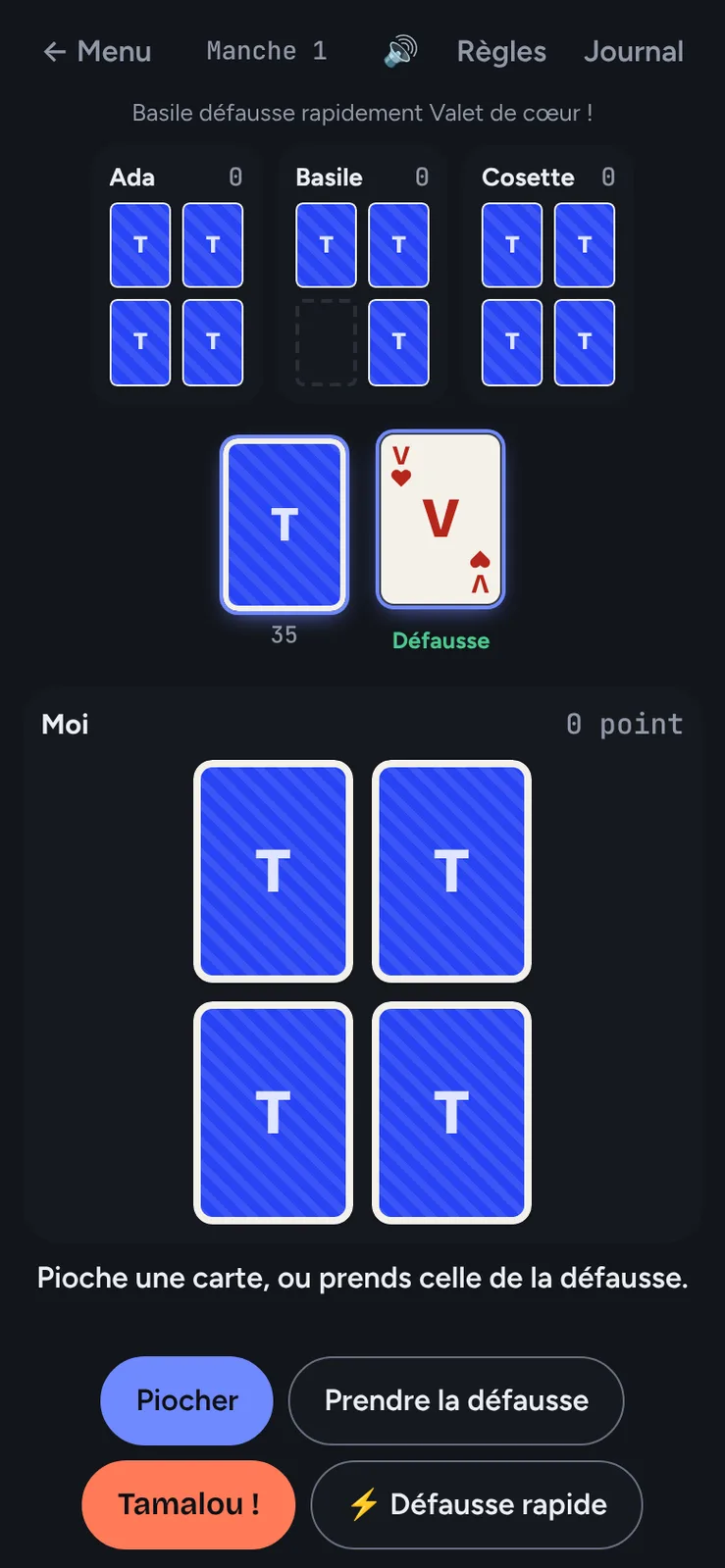 A turn against three bots: their face-down cards at the top, the deck and the discard pile, four hidden cards below, and the Draw, Take the discard, Tamalou! and quick-discard buttons.