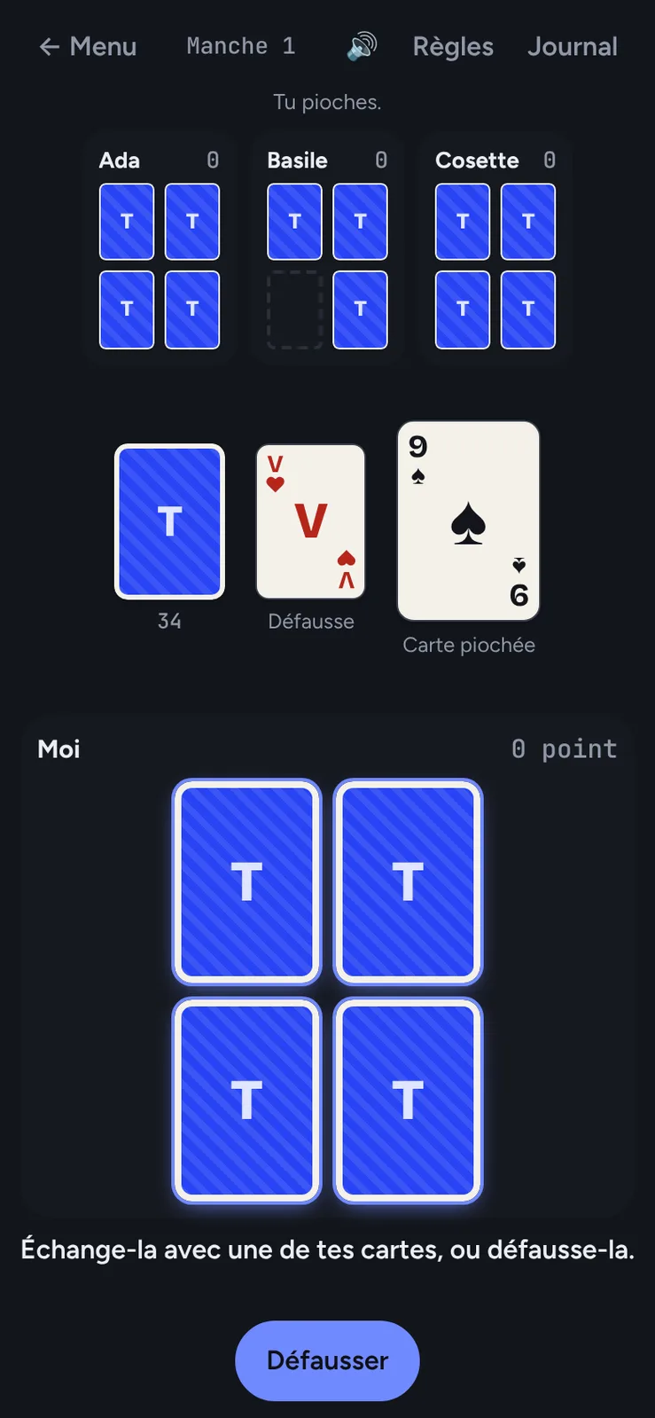 A drawn nine of spades shown beside the deck, with the player's four cards highlighted to swap it in, and a Discard button.