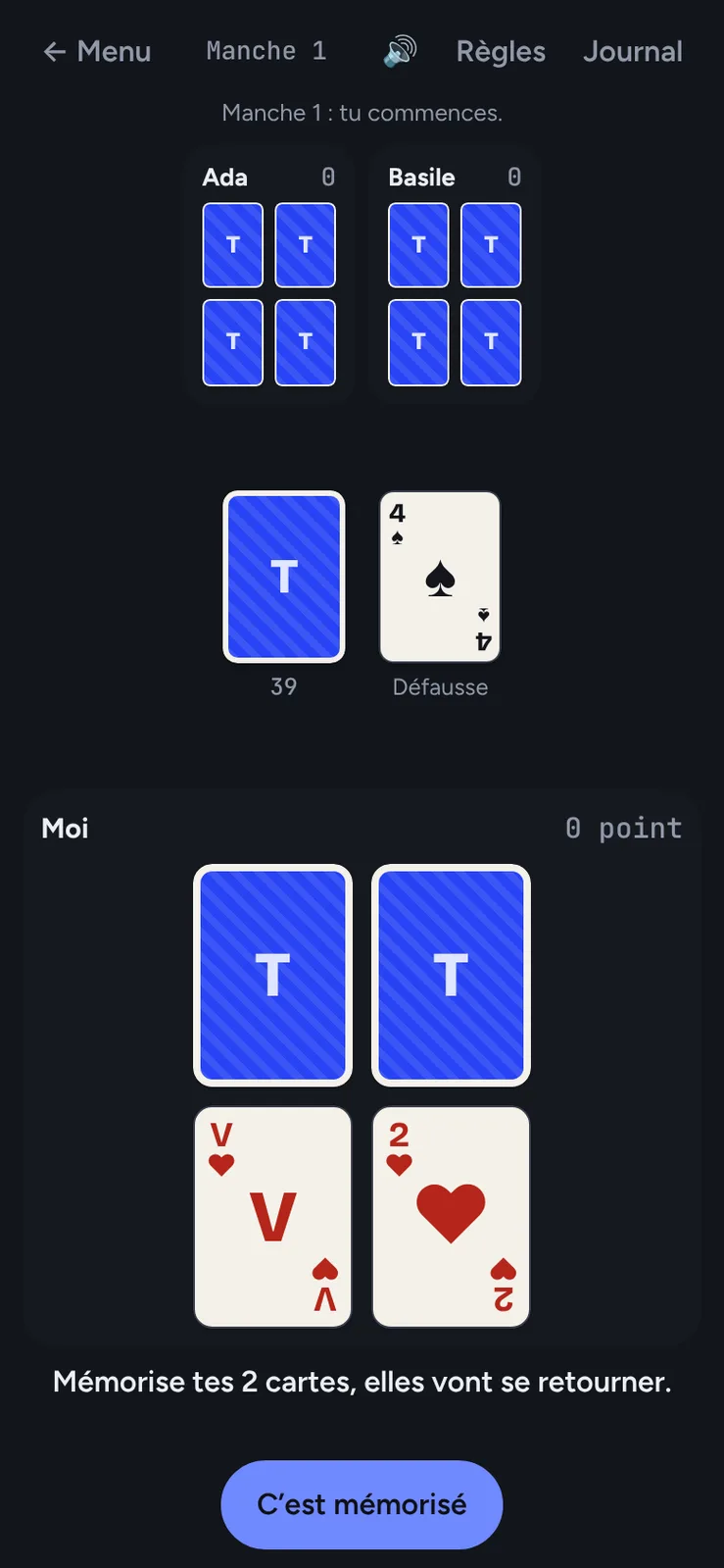 The opening hand: two face-down cards above a jack and a two of hearts, with the prompt to memorise them before they turn over.