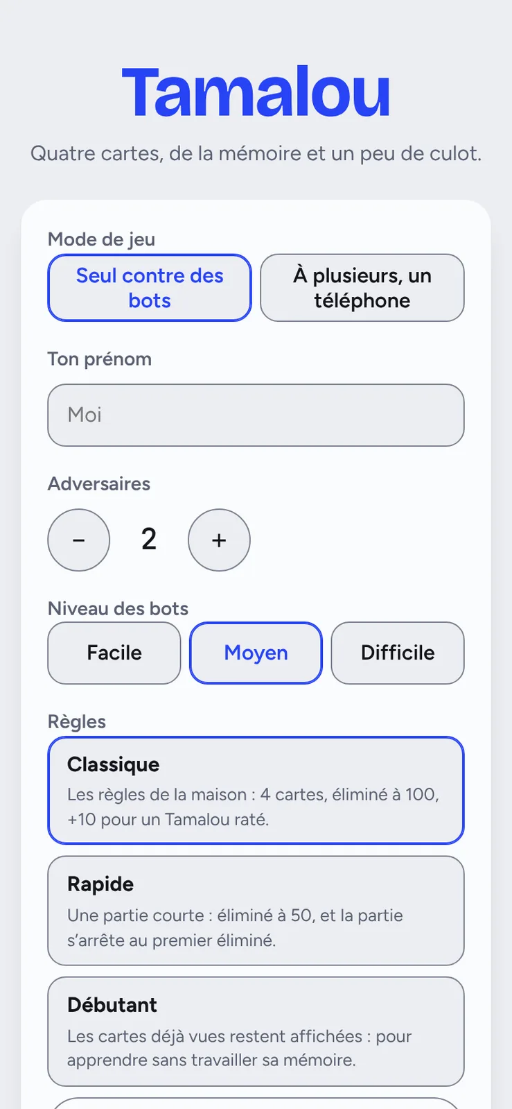The setup screen in the light theme: game mode, name, number of opponents, bot level and rule presets.