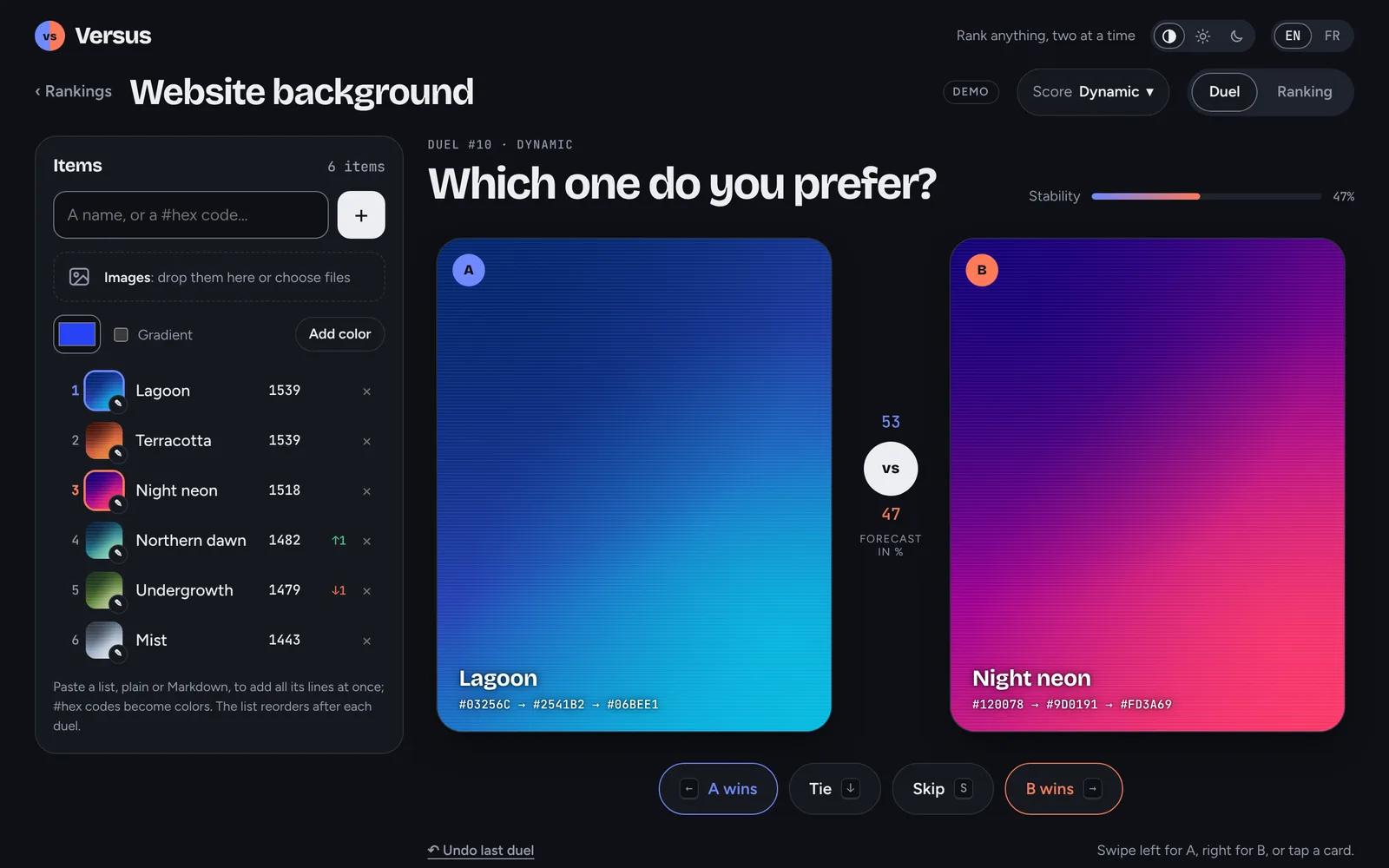 A Versus duel in the dark theme: two gradient cards, Lagoon against Night neon, beside the live ranking of six website backgrounds.