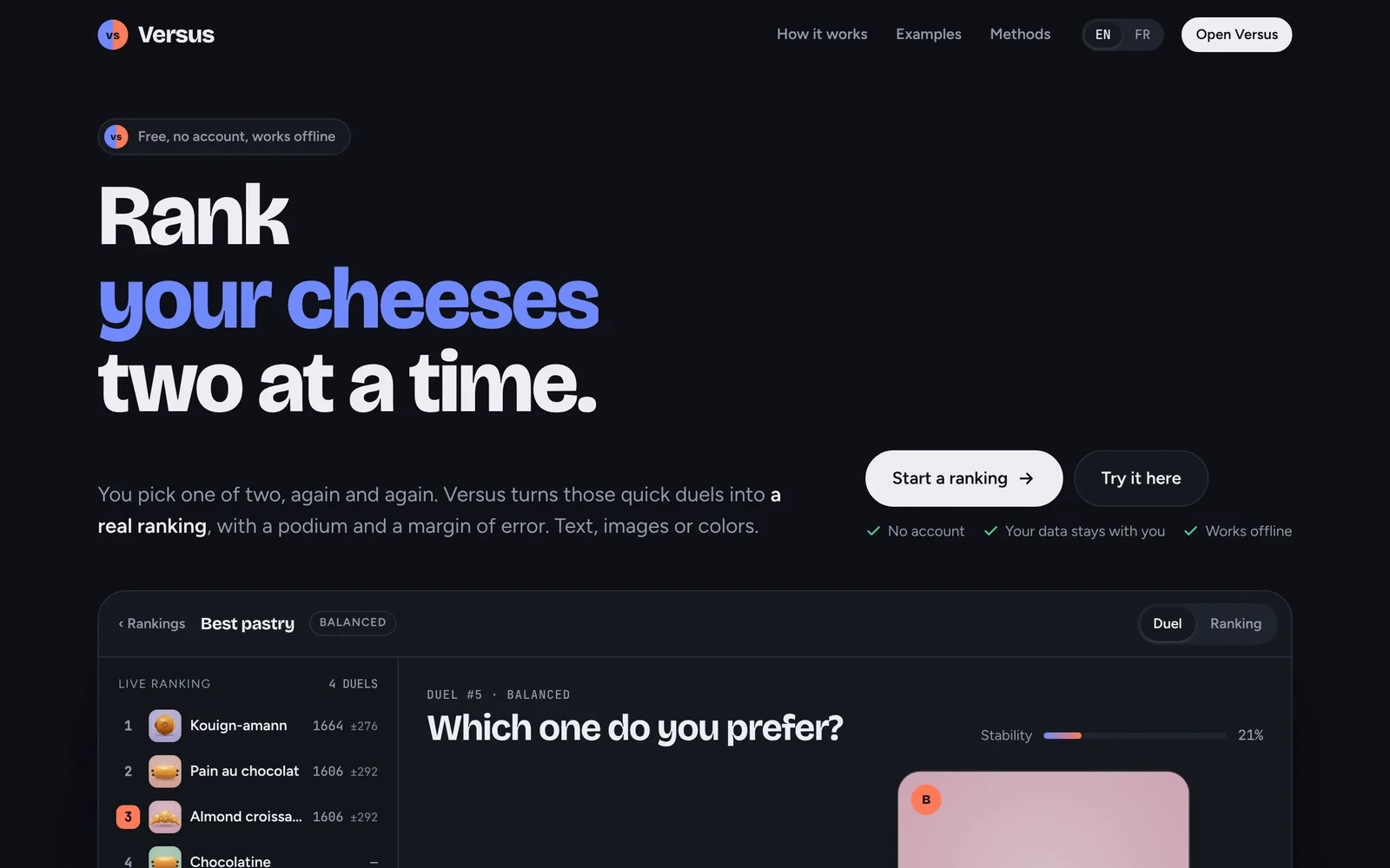 The Versus home page: 'Rank your cheeses two at a time' above a live demo of the app ranking pastries.