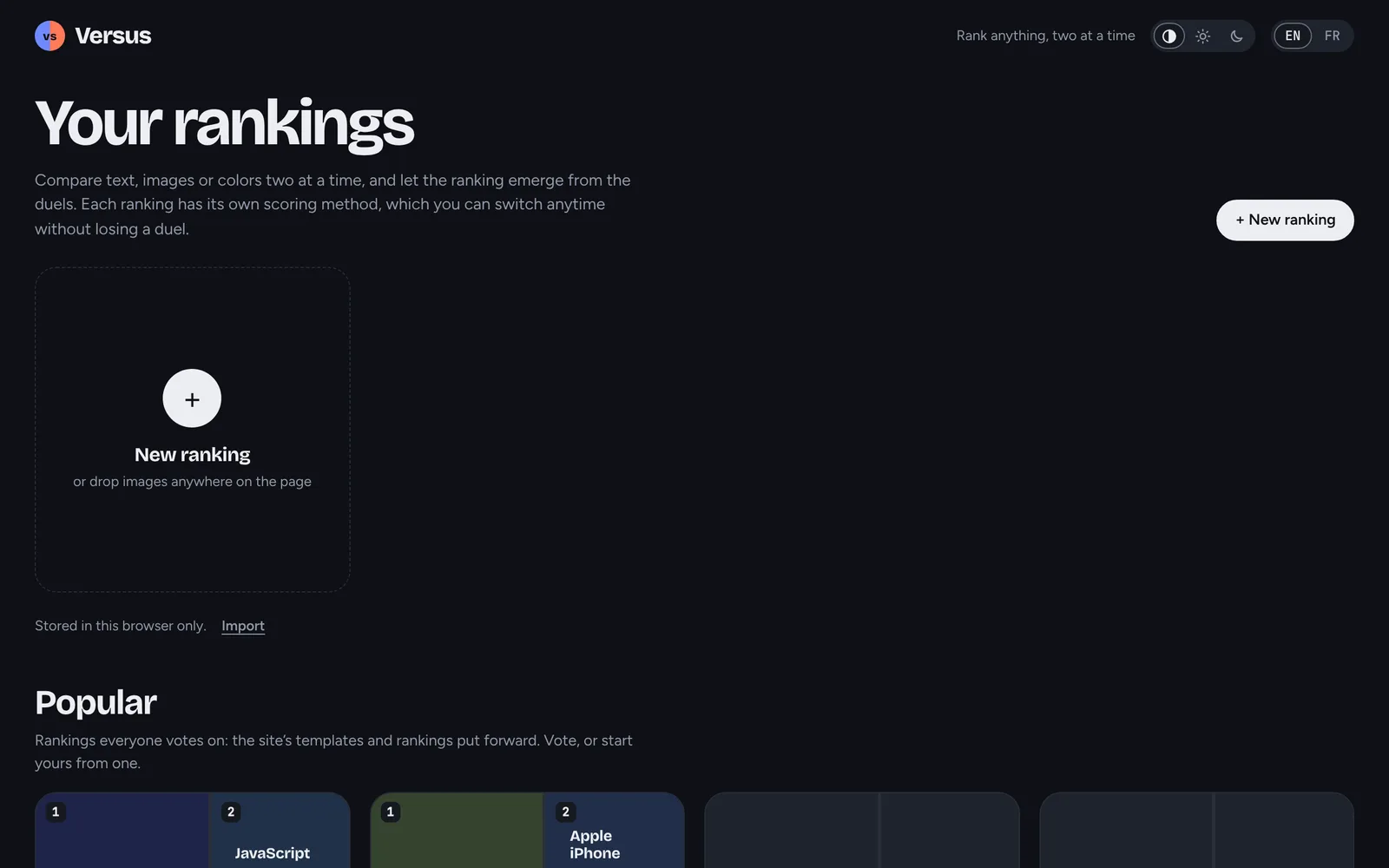 The gallery: a new ranking card and the Popular section of published boards.