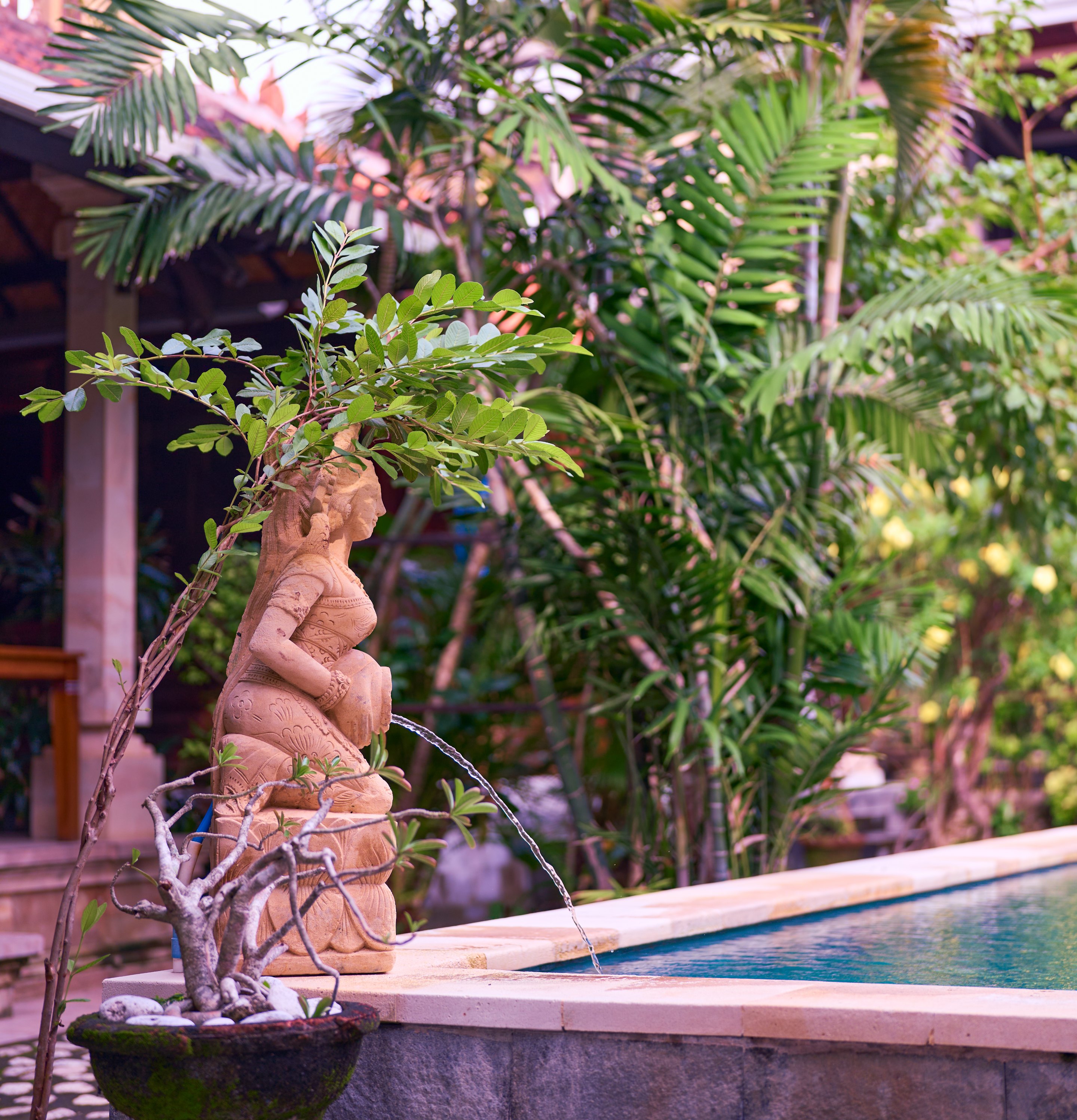 Stone statue in a tropical garden setting beside a swimming pool, surrounded by lush palm trees and flowering plants, with a pink building visible in the background.