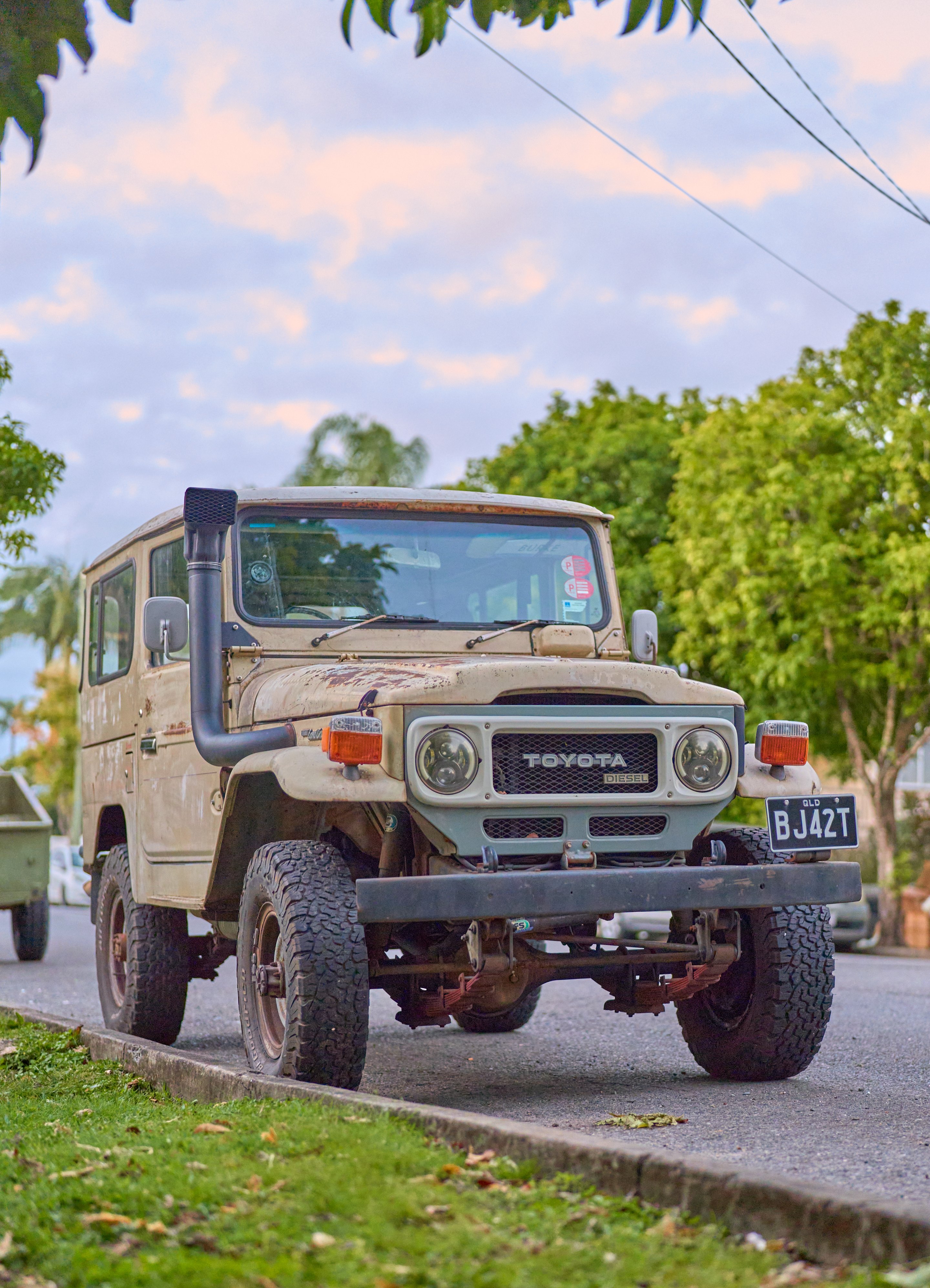 Weathered beige Toyota Land Cruiser parked on a tree-lined street with tropical vegetation.